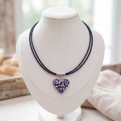 Primary image for Heart-Themed Talavera Style Painted Ceramic Pendant Necklace Blue Feather Heart