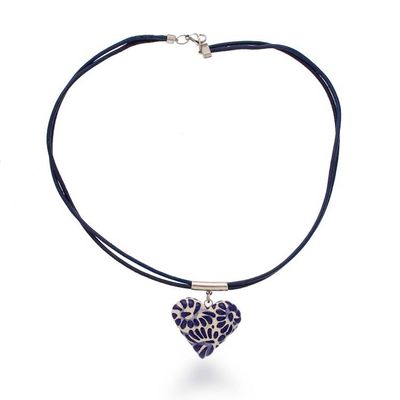 Alternate image for Heart-Themed Talavera Style Painted Ceramic Pendant Necklace Blue Feather Heart
