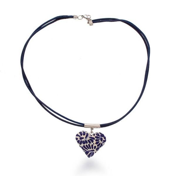 Alternate image for Heart-Themed Talavera Style Painted Ceramic Pendant Necklace Blue Feather Heart