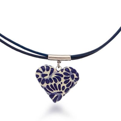 Alternate image for Heart-Themed Talavera Style Painted Ceramic Pendant Necklace Blue Feather Heart