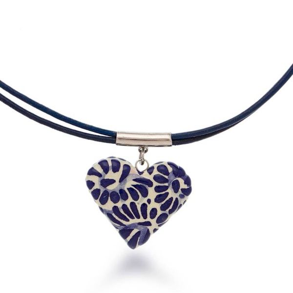 Alternate image for Heart-Themed Talavera Style Painted Ceramic Pendant Necklace Blue Feather Heart