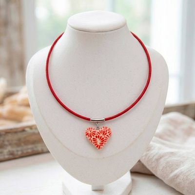 Primary image for Black White Heart Talavera Style Ceramic Pendant Necklace Black Feather Heart