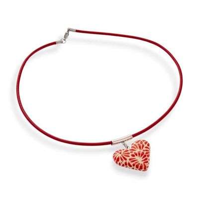 Alternate image for Black White Heart Talavera Style Ceramic Pendant Necklace Black Feather Heart