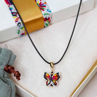 Alternate image for Reversible Hand-Painted Butterfly Howlite Pendant Necklace Exotic Butterfly