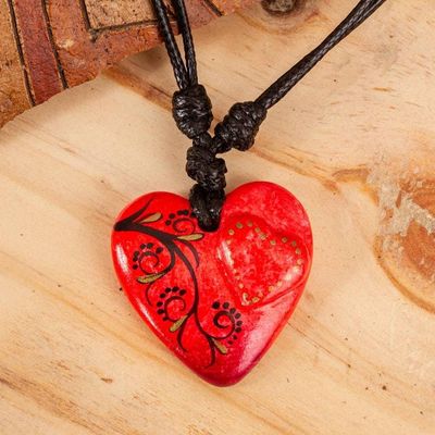 Primary image for Papier Mache Golden Accent Hand Painted Red Heart Necklace My Heart in Yours