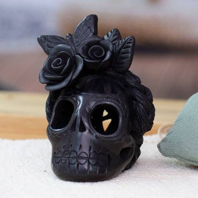 Alternate image for Handcrafted Barro Negro Ceramic Floral Skull Figurine Spring Frida