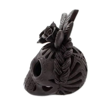 Alternate image for Handcrafted Barro Negro Ceramic Floral Skull Figurine Spring Frida