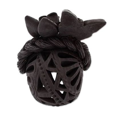 Alternate image for Handcrafted Barro Negro Ceramic Floral Skull Figurine Spring Frida