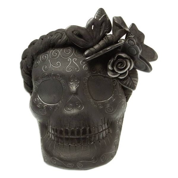 Alternate image for Barro Negro Skull Planter Black Butterfly