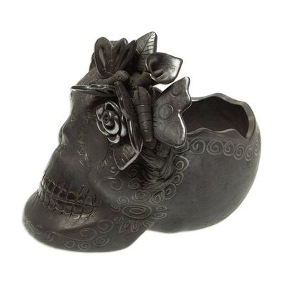 Alternate image for Barro Negro Skull Planter Black Butterfly