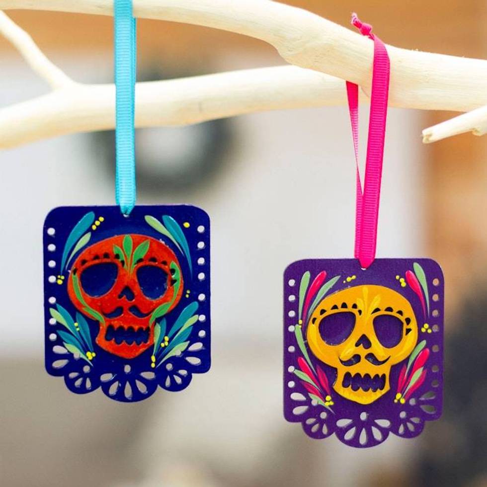 2 Colorful Hand-Painted Wood Day of the Dead Skull Ornaments 'Mexican Custom'
