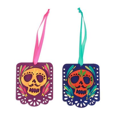 Alternate image for 2 Colorful Hand-Painted Wood Day of the Dead Skull Ornaments Mexican Custom