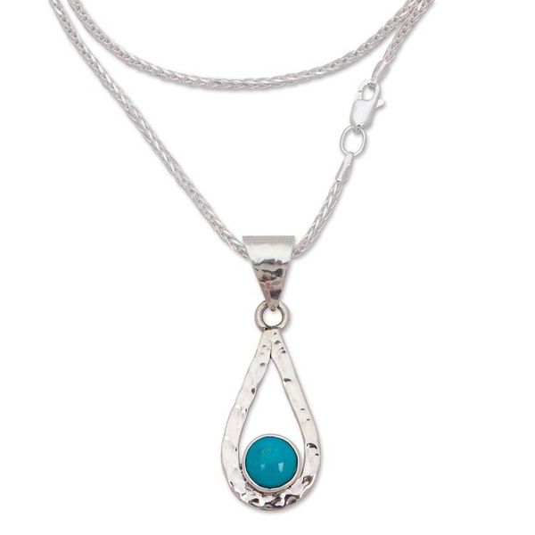 Alternate image for Natural Turquoise Handcrafted Textured Taxco Silver Necklace Luminous Rain