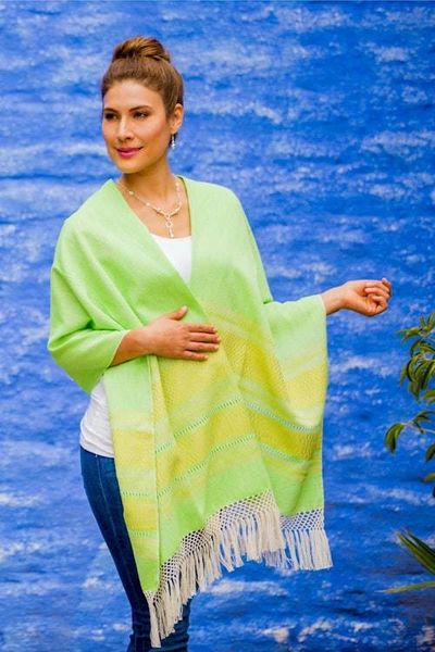 Primary image for Handwoven Bright Green and Yellow Cotton Zapotec Shawl Golden Meadow