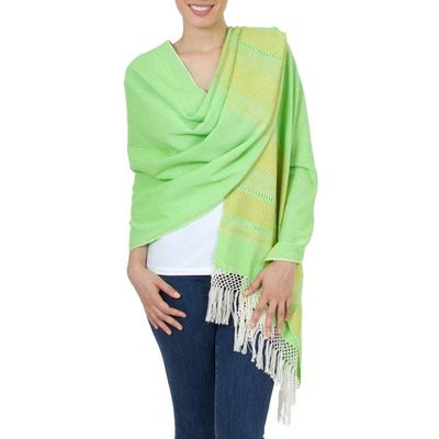Alternate image for Handwoven Bright Green and Yellow Cotton Zapotec Shawl Golden Meadow