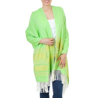 Alternate image for Handwoven Bright Green and Yellow Cotton Zapotec Shawl Golden Meadow