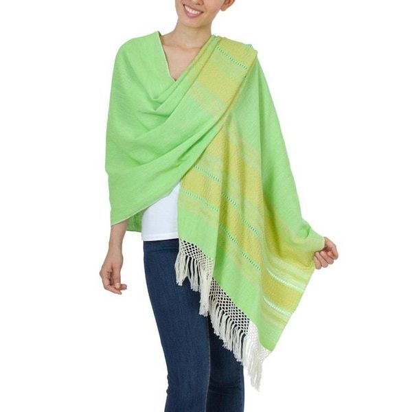 Alternate image for Handwoven Bright Green and Yellow Cotton Zapotec Shawl Golden Meadow