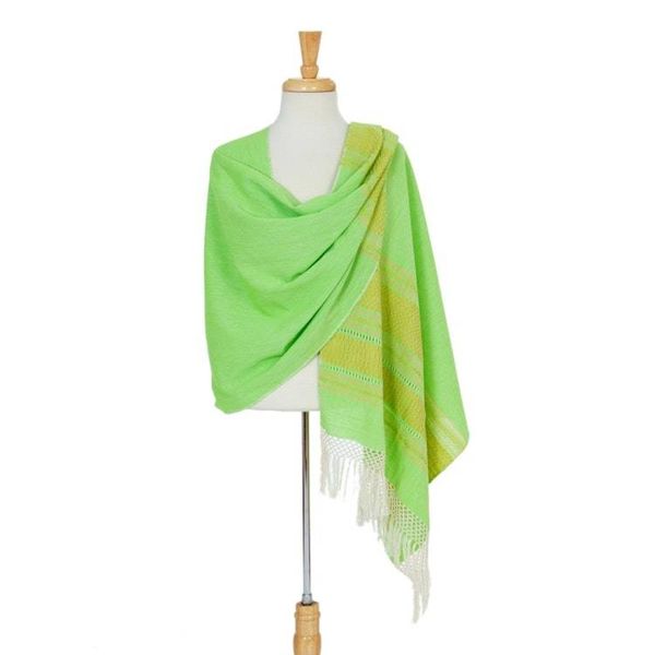 Alternate image for Handwoven Bright Green and Yellow Cotton Zapotec Shawl Golden Meadow