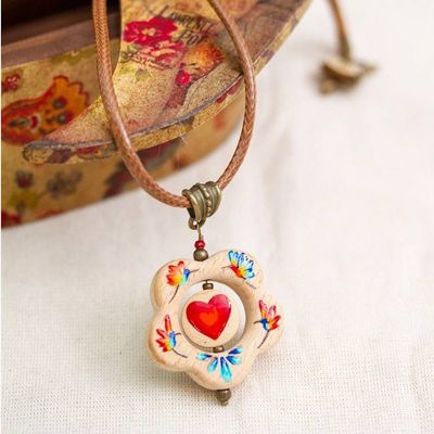 Primary image for Hand-Painted Hummingbird Heart Floral Wood Pendant Necklace Hummingbird Floral Heart
