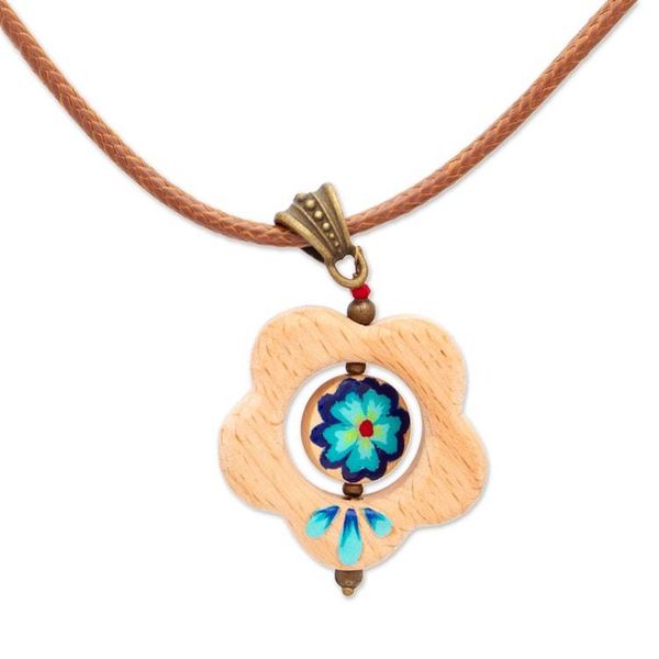Alternate image for Hand-Painted Hummingbird Heart Floral Wood Pendant Necklace Hummingbird Floral Heart