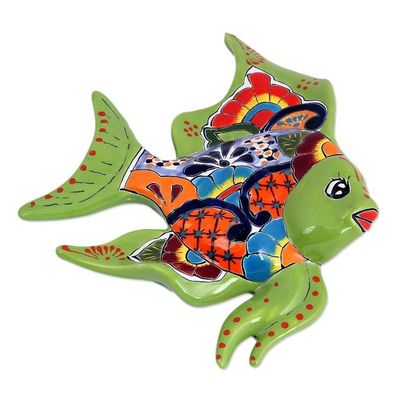 Alternate image for Hand-Painted Ceramic Fish Wall Sculpture from Mexico Green Angelfish