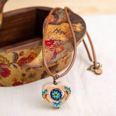 Primary image for Hand-Painted Heart-Shaped Hummingbird Wood Pendant Necklace Hummingbird Heart