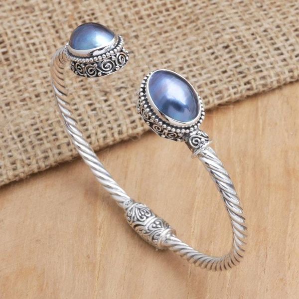 Alternate image for Sterling Silver Cuff Bracelet with Blue Cultured Pearls Ocean Treasure