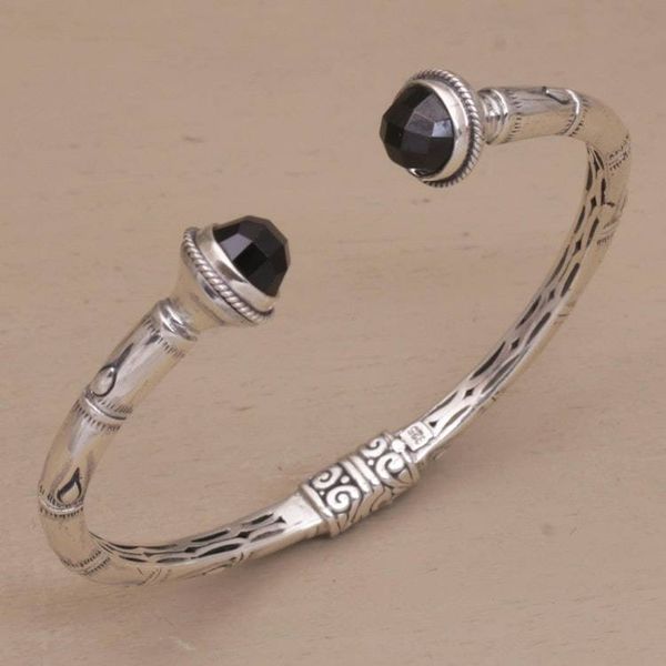 Alternate image for Sterling Silver and Onyx Hinged Balinese Cuff Bracelet Talk to Me