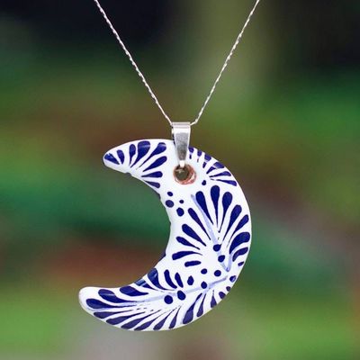 Primary image for Silver Ceramic Talavera-Style Crescent Moon Pendant Necklace Crescent Garden