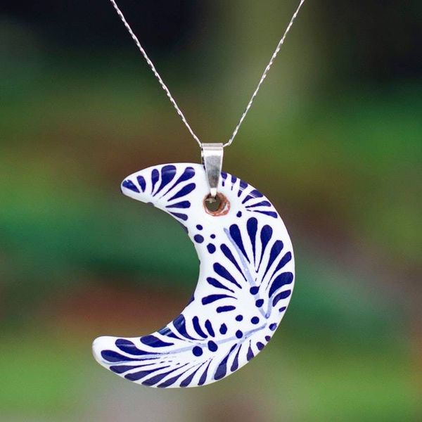 Alternate image for Silver Ceramic Talavera-Style Crescent Moon Pendant Necklace Crescent Garden