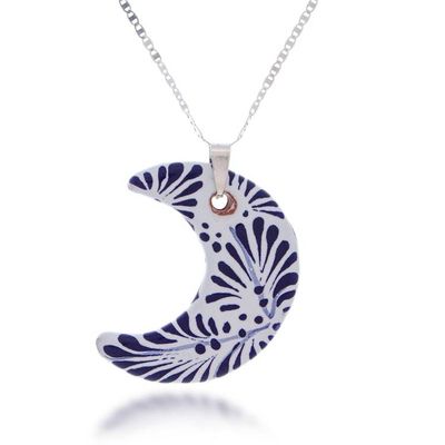 Alternate image for Silver Ceramic Talavera-Style Crescent Moon Pendant Necklace Crescent Garden