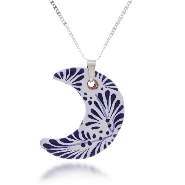 Alternate image for Silver Ceramic Talavera-Style Crescent Moon Pendant Necklace Crescent Garden