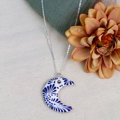 Alternate image for Silver Ceramic Talavera-Style Crescent Moon Pendant Necklace Crescent Garden