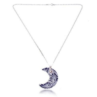 Alternate image for Silver Ceramic Talavera-Style Crescent Moon Pendant Necklace Crescent Garden