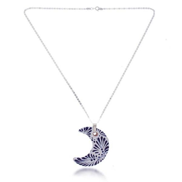 Alternate image for Silver Ceramic Talavera-Style Crescent Moon Pendant Necklace Crescent Garden