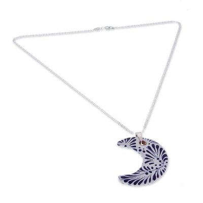 Alternate image for Silver Ceramic Talavera-Style Crescent Moon Pendant Necklace Crescent Garden