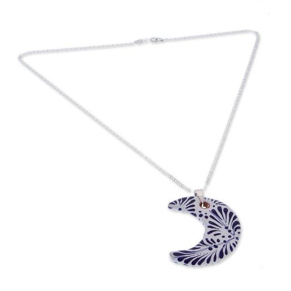Alternate image for Silver Ceramic Talavera-Style Crescent Moon Pendant Necklace Crescent Garden