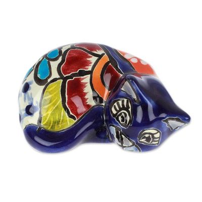 Alternate image for Hacienda-Themed Painted Blue Ceramic Cat Figurine Dormant Feline