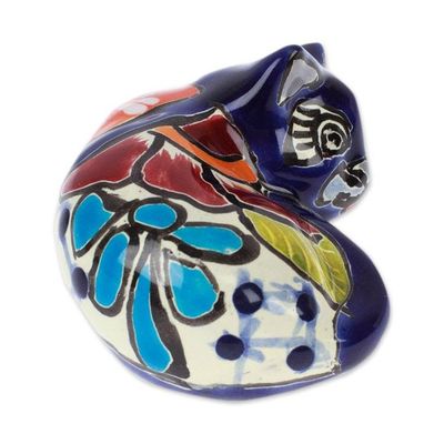 Alternate image for Hacienda-Themed Painted Blue Ceramic Cat Figurine Dormant Feline