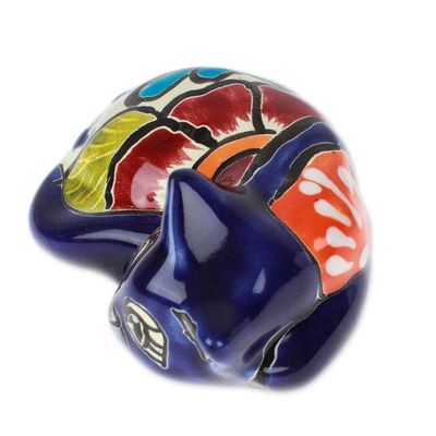 Alternate image for Hacienda-Themed Painted Blue Ceramic Cat Figurine Dormant Feline