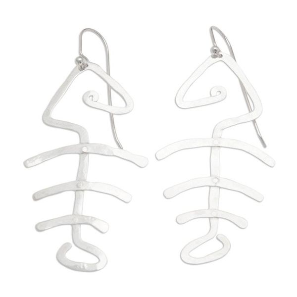 Alternate image for Hand Hammered Sterling Silver Fish Bone Earrings Bone Fish Bone