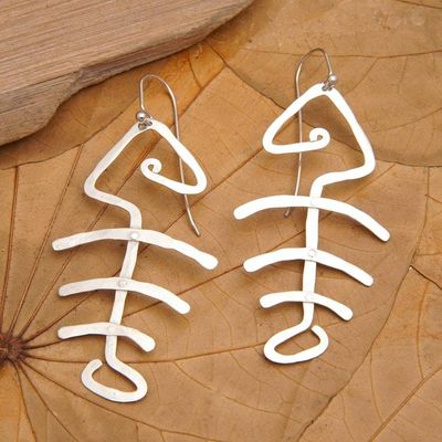 Alternate image for Hand Hammered Sterling Silver Fish Bone Earrings Bone Fish Bone