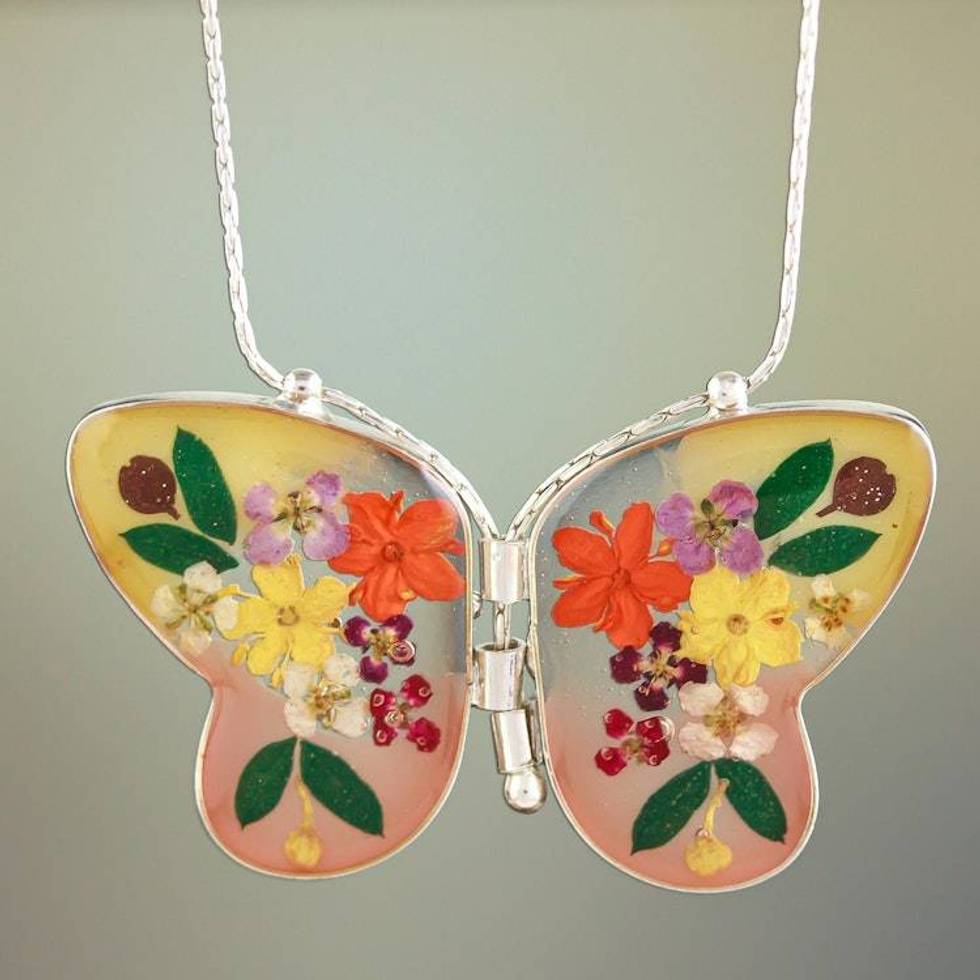 Sterling Silver and Dried Flower Yellow Butterfly Necklace 'Yellow Mexican Butterfly'