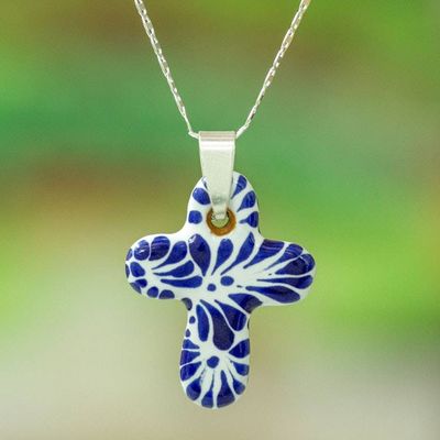 Primary image for Traditional Talavera Blue Ceramic Cross Pendant Necklace Faithful Garden