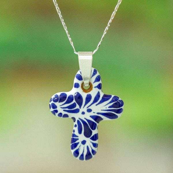 Alternate image for Traditional Talavera Blue Ceramic Cross Pendant Necklace Faithful Garden