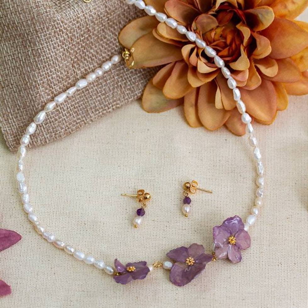Natural Hydrangea and Cultured Pearl Jewelry Set 'Hydrangea Treasure'