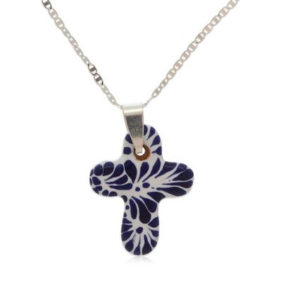 Alternate image for Traditional Talavera Blue Ceramic Cross Pendant Necklace Faithful Garden