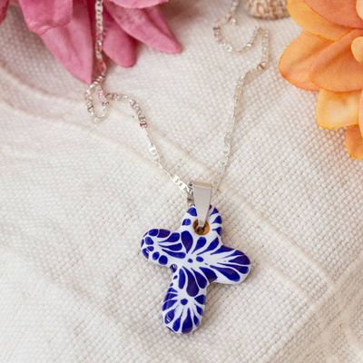 Alternate image for Traditional Talavera Blue Ceramic Cross Pendant Necklace Faithful Garden