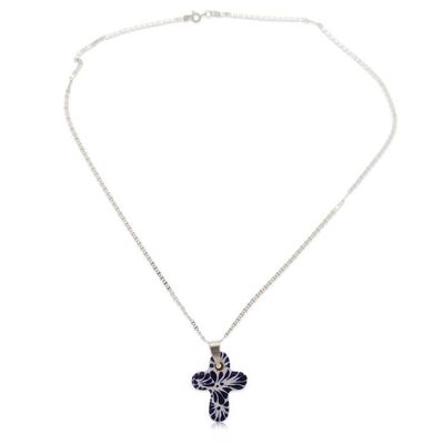 Alternate image for Traditional Talavera Blue Ceramic Cross Pendant Necklace Faithful Garden