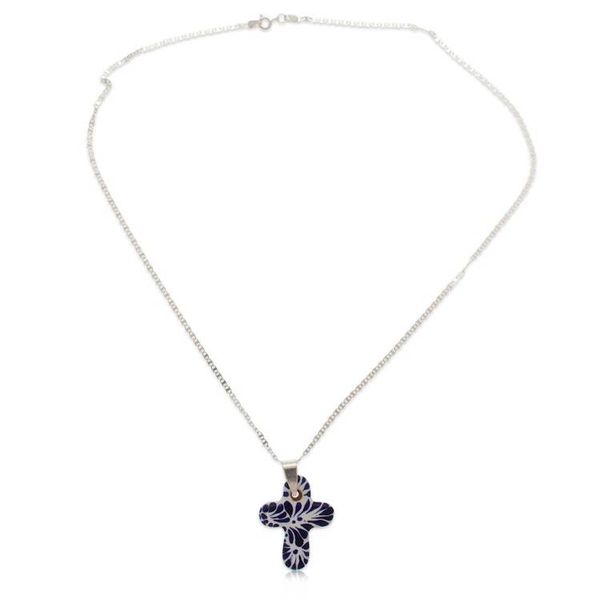 Alternate image for Traditional Talavera Blue Ceramic Cross Pendant Necklace Faithful Garden
